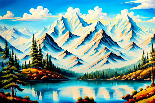 Painting of a beautiful mountain with beautiful landscape