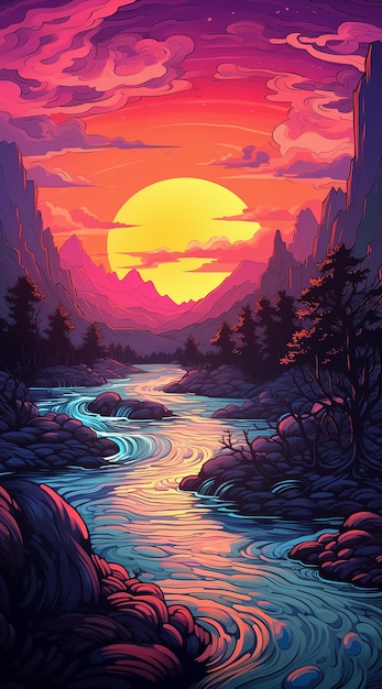 a painting of a beautiful sunset around a river in the style of dan mumford naturalistic landscape