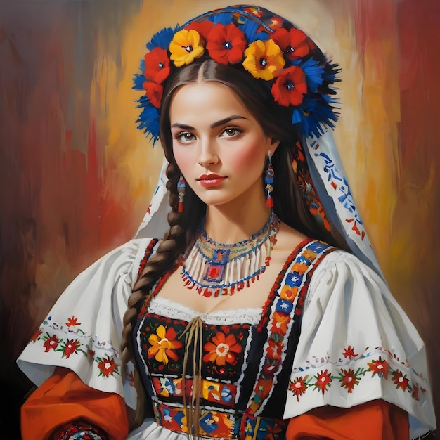 Painting of beautiful woman dressed in traditional costume