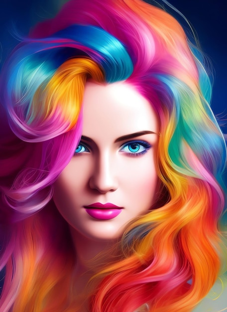 Painting of a beautiful woman's face, colorful hair, Portrait of a beautiful woman.