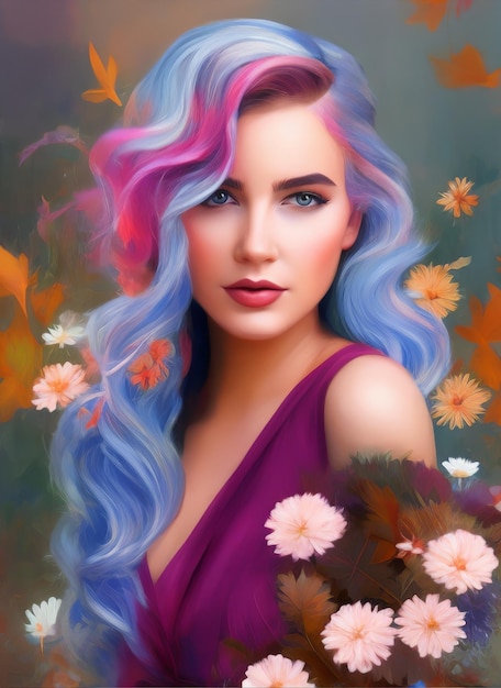 Painting of a beautiful woman's face, Portrait of a beautiful woman with flowers.