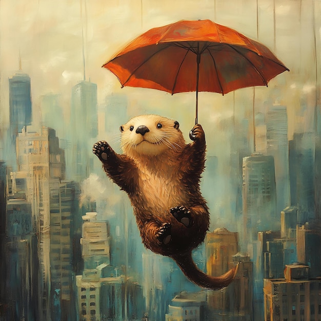 a painting of a beaver holding an umbrella with a cartoon animal on it