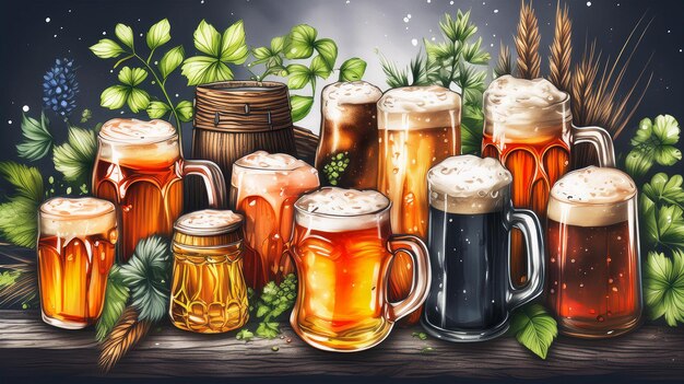 a painting of beer mugs and mugs with the words beer