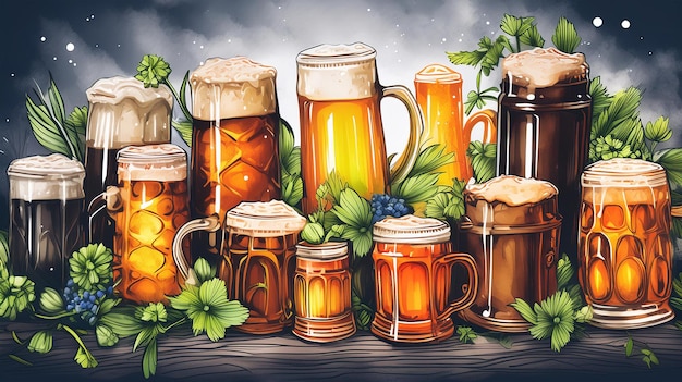 a painting of beer mugs with beer mugs and a sign that says beer