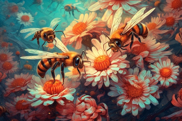 A painting of bees on a flower field