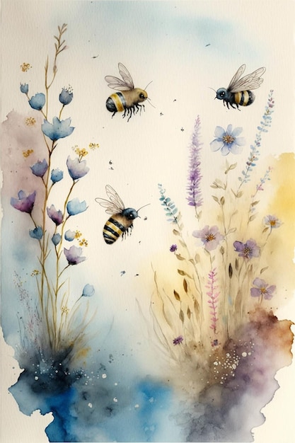 Painting of bees flying over a field of flowers generative ai