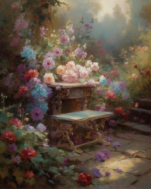 A painting of a bench with flowers on it