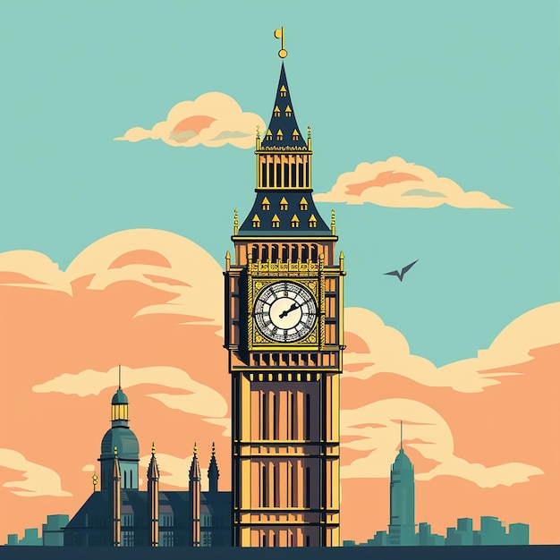 a painting of big ben with a bird flying in the sky