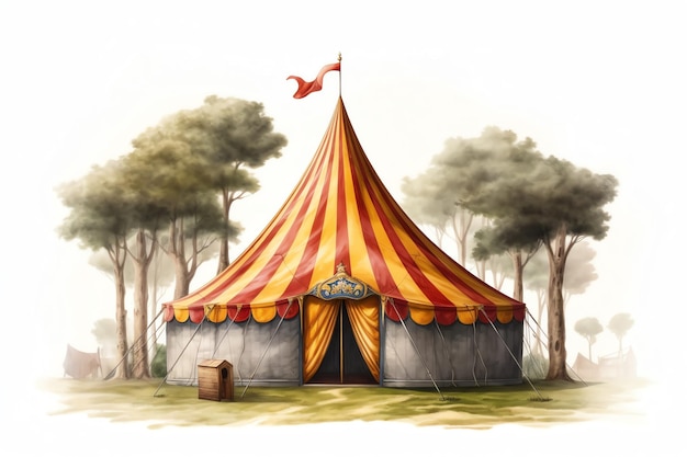 A painting of a big circus tent in the woods