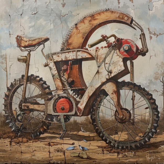 a painting of a bike with a large metal blade