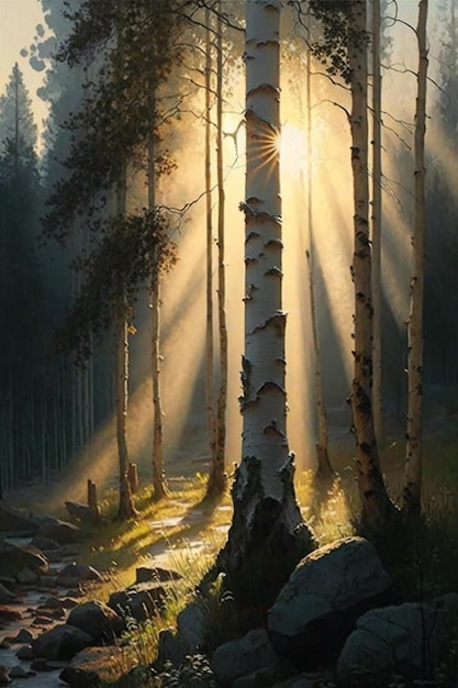 A painting of a birch tree in the woods