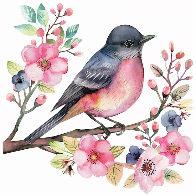 a painting of a bird on a branch with flowers and a bird