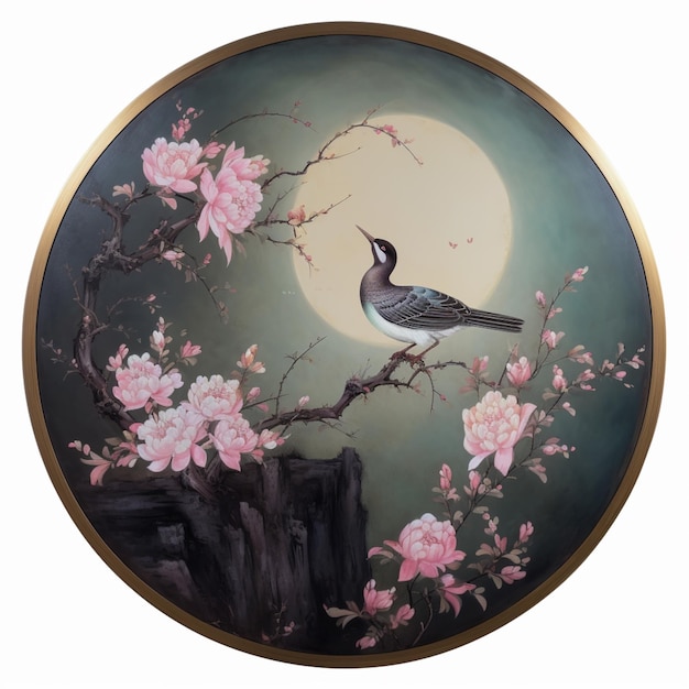 Painting of a bird on a branch with flowers in front of a full moon generative ai