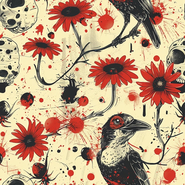 a painting of a bird and flowers with a bird on it