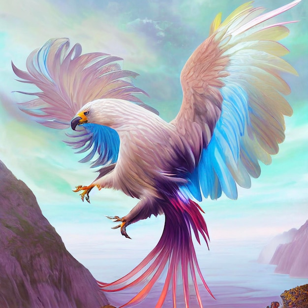 Painting of a bird flying over a mountain generative ai