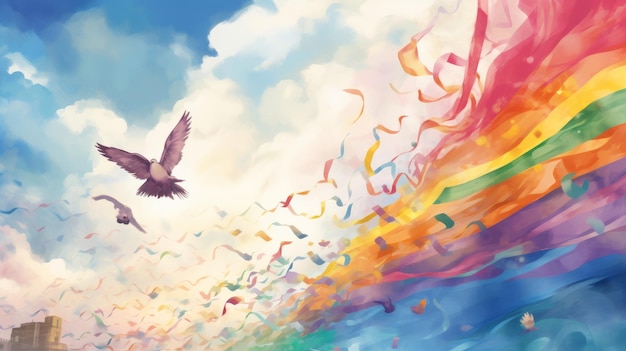 A painting of a bird flying over a rainbow