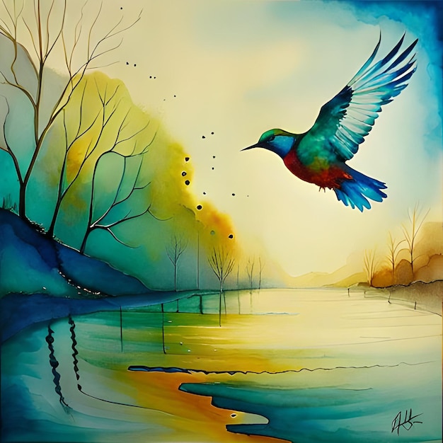 A painting of a bird flying over a river.