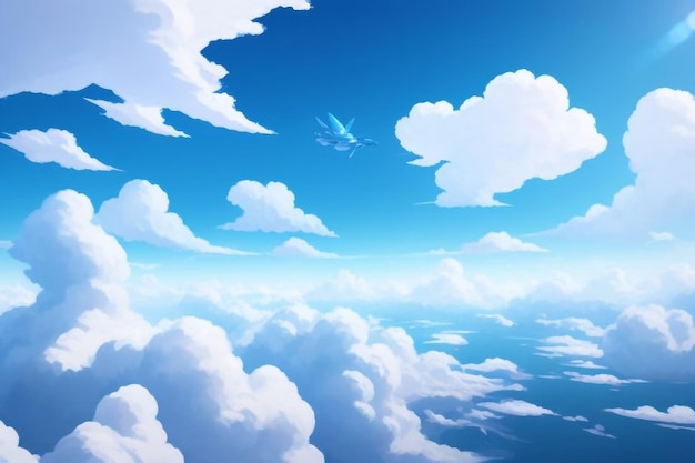 a painting of a bird flying in the sky with clouds