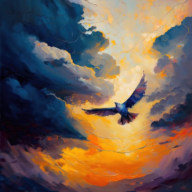 A painting of a bird flying in the sky with the sun shining through the clouds.