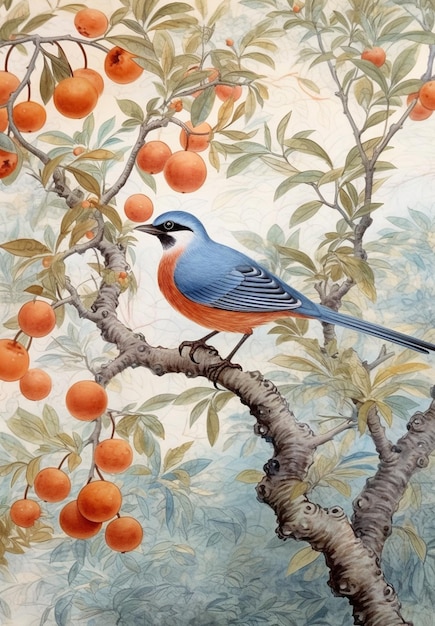 Painting of a bird perched on a branch of a tree with oranges generative ai