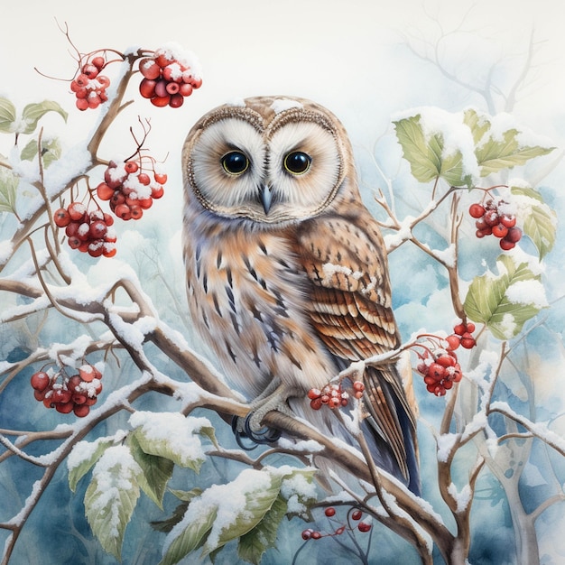 Painting of a bird perched on a branch with berries in the snow generative ai