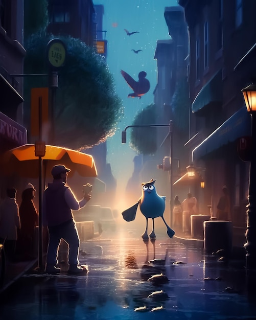 A painting of a bird on a rainy street