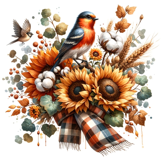 a painting of a bird on a scarf with flowers and birds