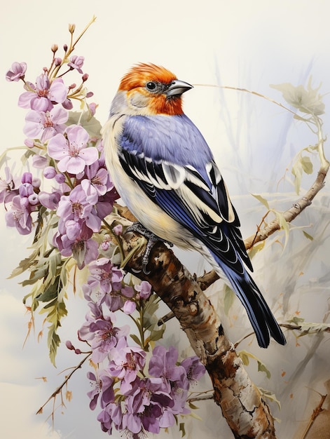 painting of a bird sitting on a branch of a tree with purple flowers generative ai