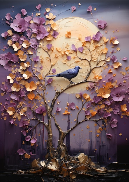 painting of a bird sitting on a tree with purple flowers generative ai