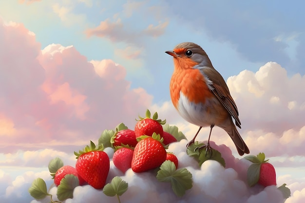 a painting of a bird and strawberries with pink clouds in the background