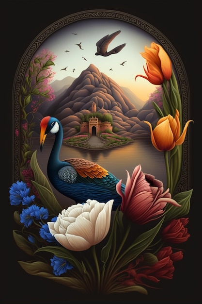 Painting of a bird surrounded by flowers generative ai