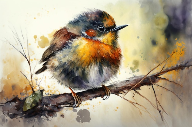 A painting of a bird that is on a branch