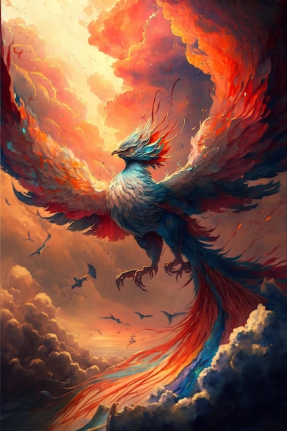 Painting of a bird that is flying through the sky with rainbow colored wings generative ai