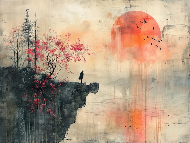 Photo a painting of a bird and a tree with a red moon in the background