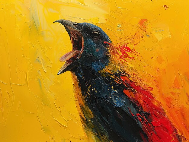 a painting of a bird with a beak that says  the word  on it