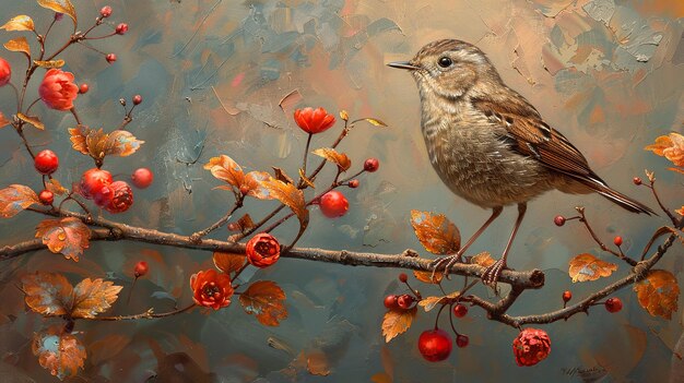 Photo a painting of a bird with berries and a bird on a branch