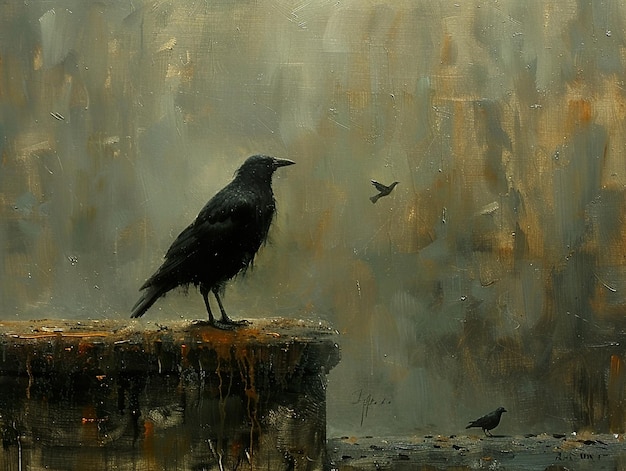 a painting of a bird with a bird flying in the background