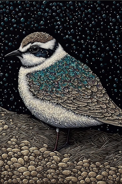 A painting of a bird with blue feathers on it