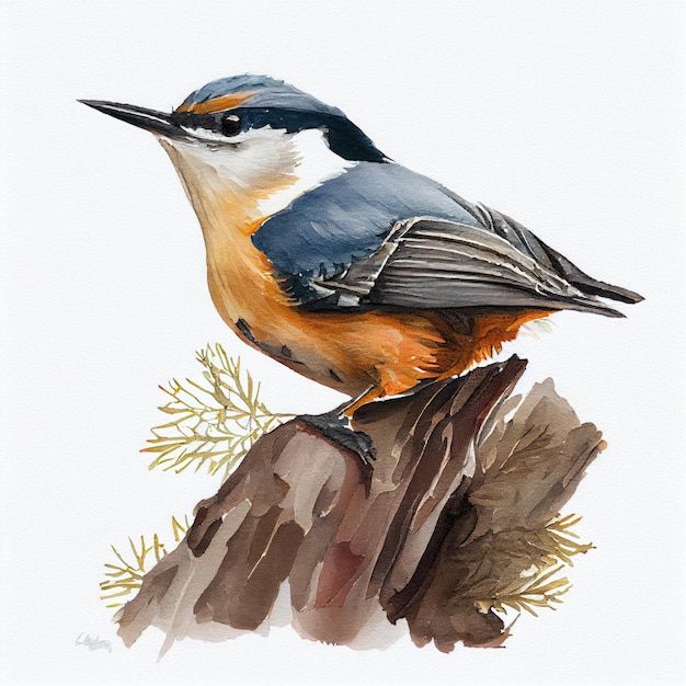 A painting of a bird with a blue and orange breast sits on a tree stump.