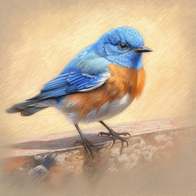 a painting of a bird with a blue and orange feathers.