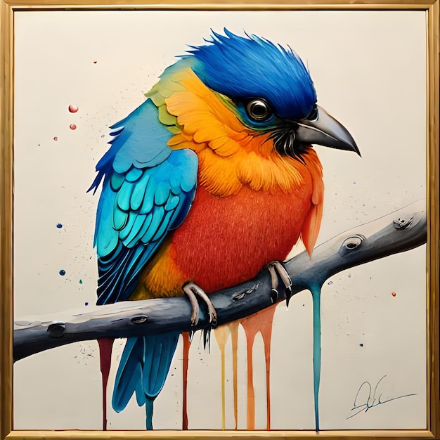 A painting of a bird with blue and yellow wings sits on a branch.