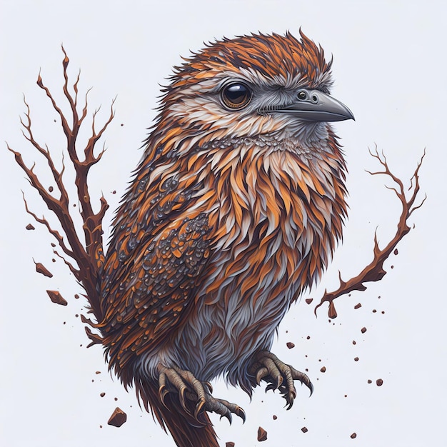 A painting of a bird with a brown head and black eyes.