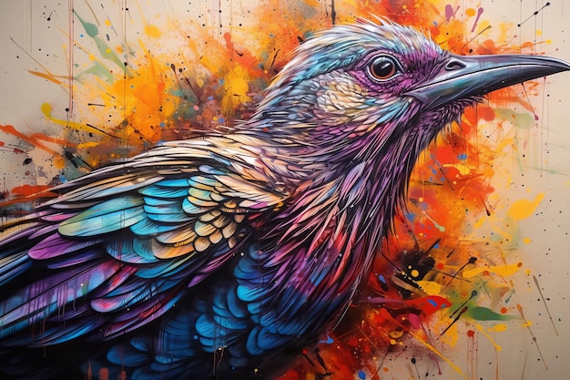 A painting of a bird with colorful paint on it