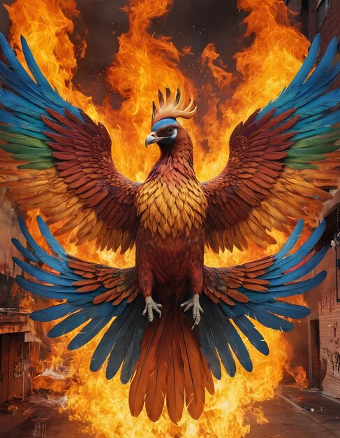 a painting of a bird with a flaming torch in the background