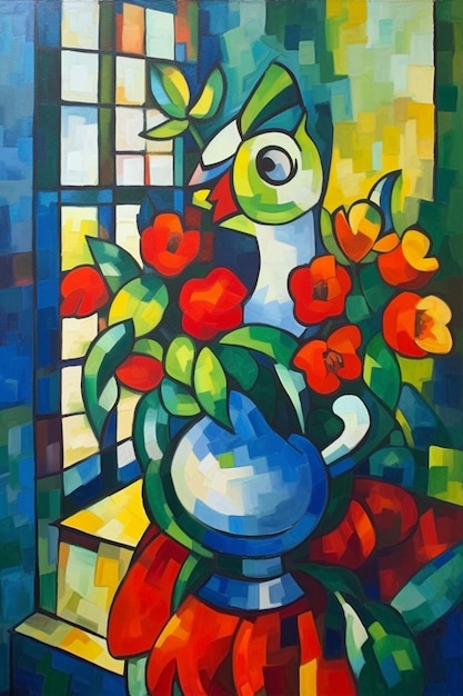 A painting of a bird with flowers in it