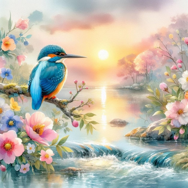 a painting of a bird with flowers and water and the sun behind it