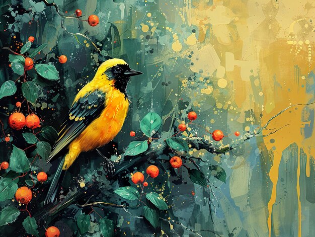 a painting of a bird with orange berries and a yellow bird