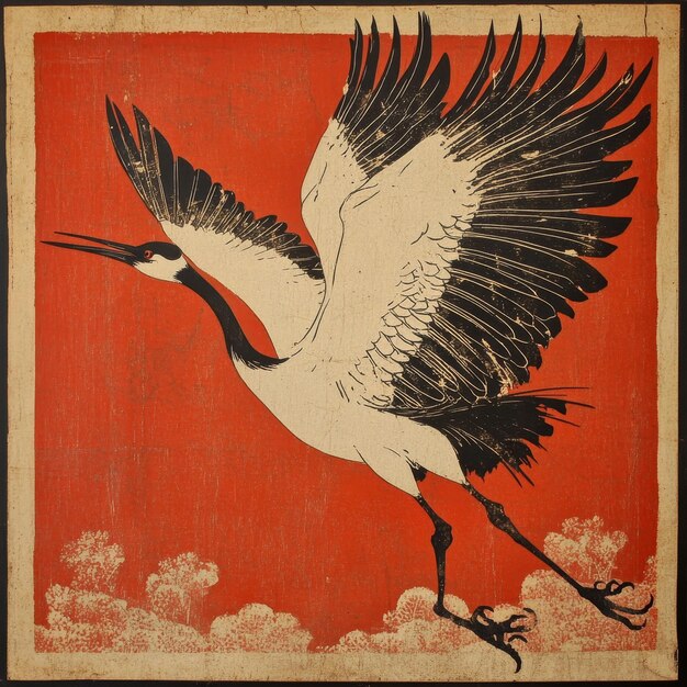 Photo a painting of a bird with a red background with a white and black bird on it