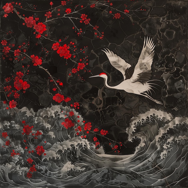 Photo a painting of a bird with a red beak is in front of a wave