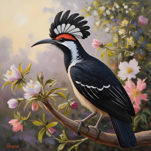 a painting of a bird with a red beak and white flowers in the background